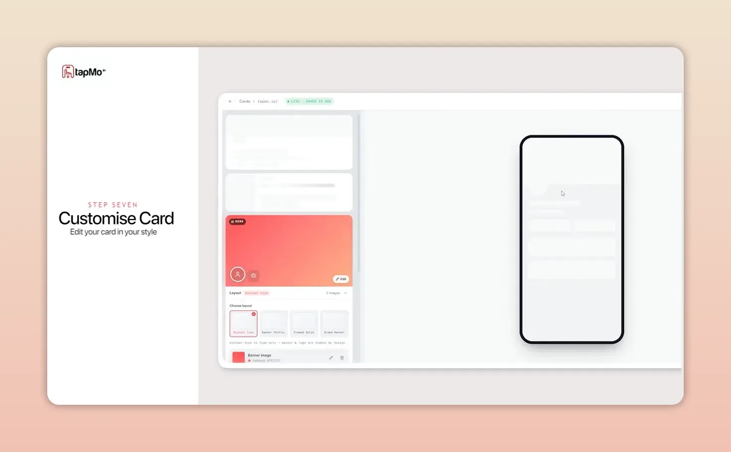 TapMo customization editor beside a mobile preview of a digital business card