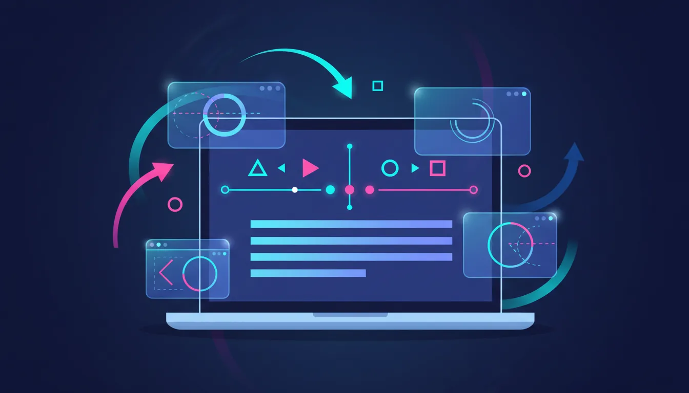 Abstract illustration of AI-assisted motion graphics and video editing workflow with timeline elements and glowing UI panels, no text