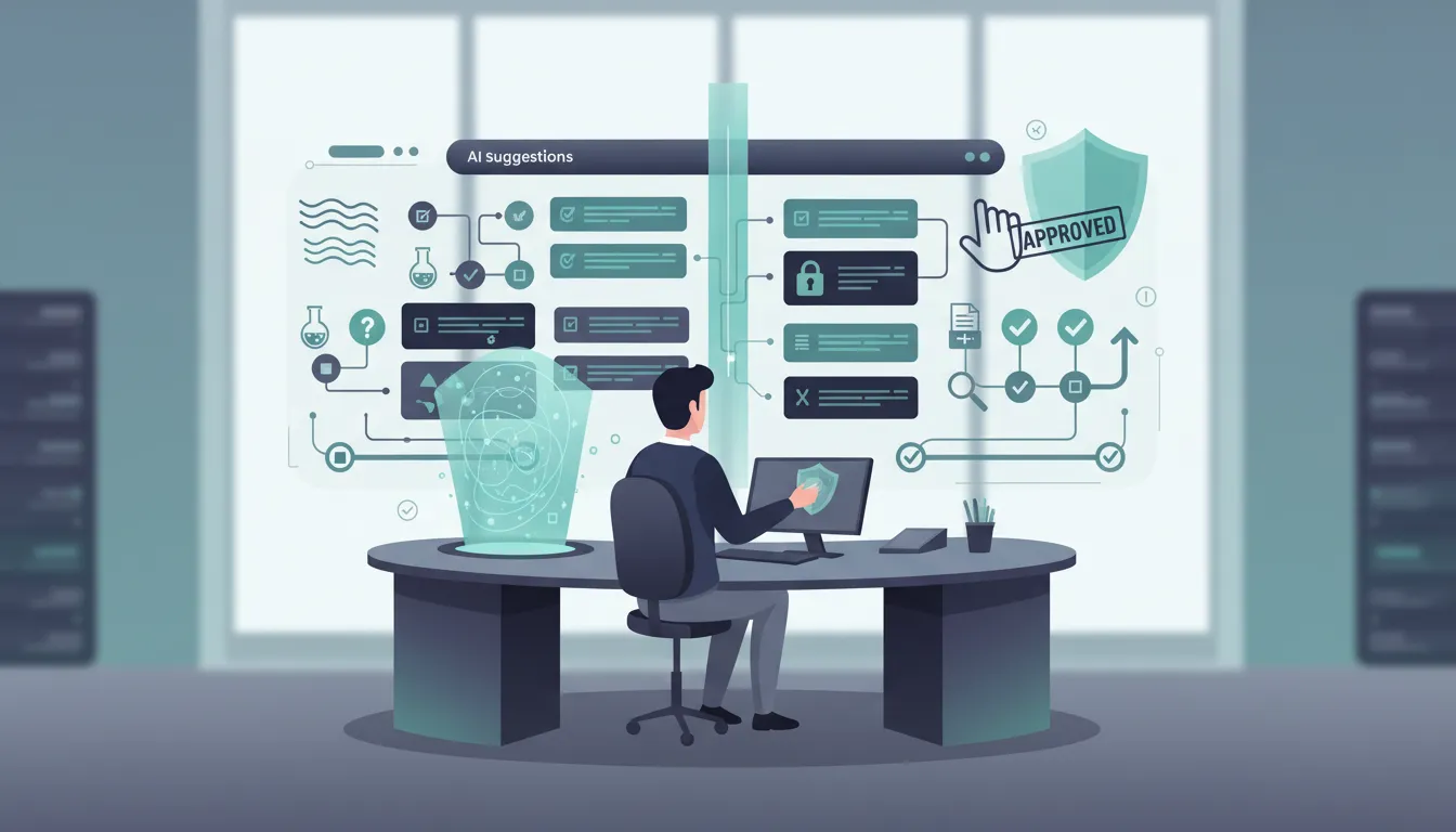 Illustration of an enterprise developer collaborating with an AI assistant, showing responsible vibe coding with quality checks, testing, and security safeguards represented by abstract icons and approval flow—no text.
