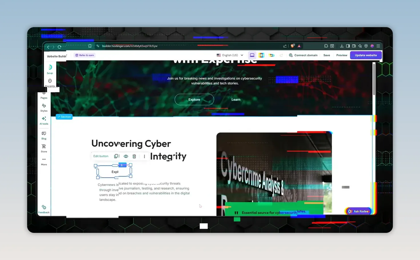 Trình chỉnh sửa Hostinger hiển thị lưới bố cục và khối nội dung trang web