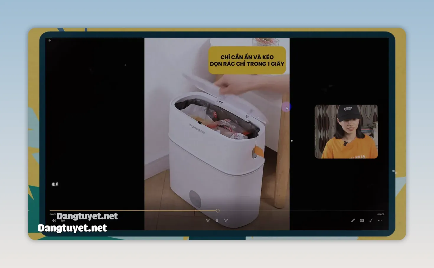 Video giới thiệu thùng rác có nắp mở với chú thích về công năng