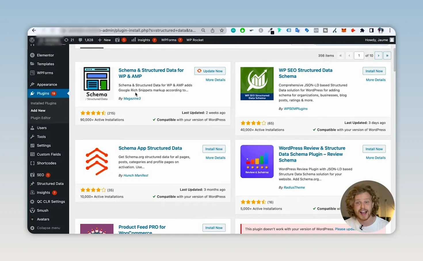 Trang tìm plugin WordPress hiển thị các plugin dữ liệu có cấu trúc
