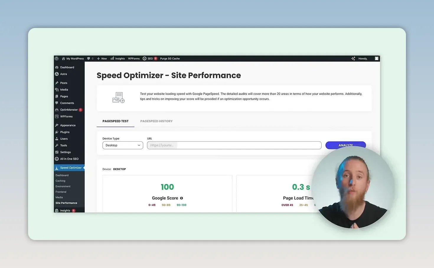 Màn hình đo hiệu năng website trong Speed Optimizer với điểm tốc độ và thời gian tải