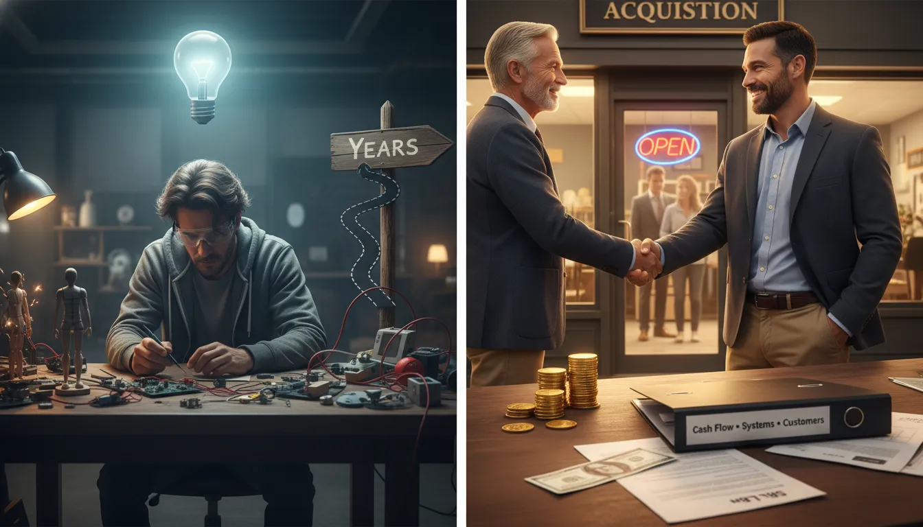 Professional shaking hands with a seller in front of a thriving small business contrasted with a lone inventor at a cluttered startup desk — acquisition vs invention