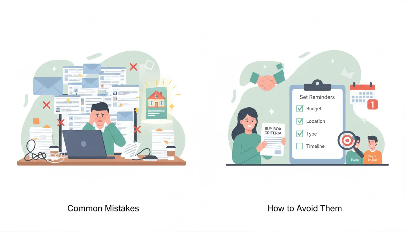 Split illustration: common business-buying mistakes on left and solutions (buy box, checklist, alerts) on right.