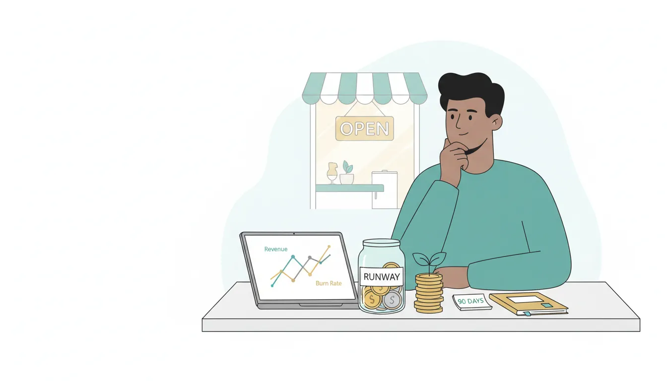 Flat illustration of a solo small-business owner at a desk with laptop, a jar labeled 'Runway' of coins, a stack of coins sprouting a plant, and a revenue vs burn-rate chart — representing bootstrapping, funding choices, and cashflow management.
