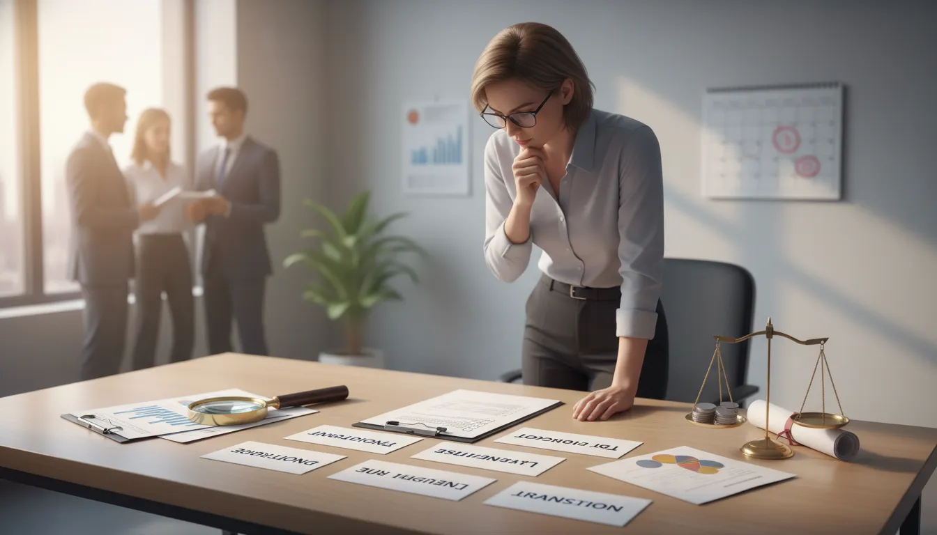 Small business owner reviewing labeled risk cards—Operational, Financial/Leverage, Due Diligence, Transition—at a desk with documents, a magnifying glass and a balancing scale.