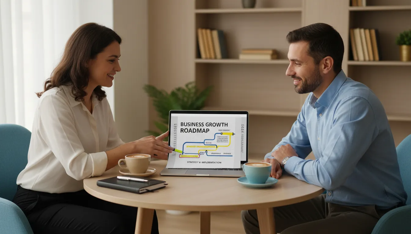 Business coach and client reviewing a roadmap together in a bright office, an inviting moment to schedule the next step.