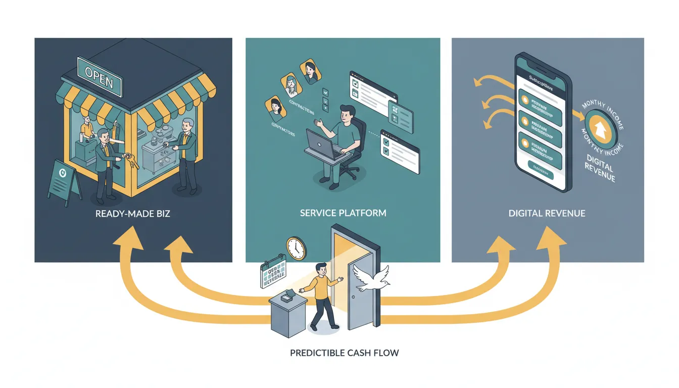Three-panel illustration of franchise, asset-light service platform, and digital subscription models connected by predictable cash flow leading to financial freedom