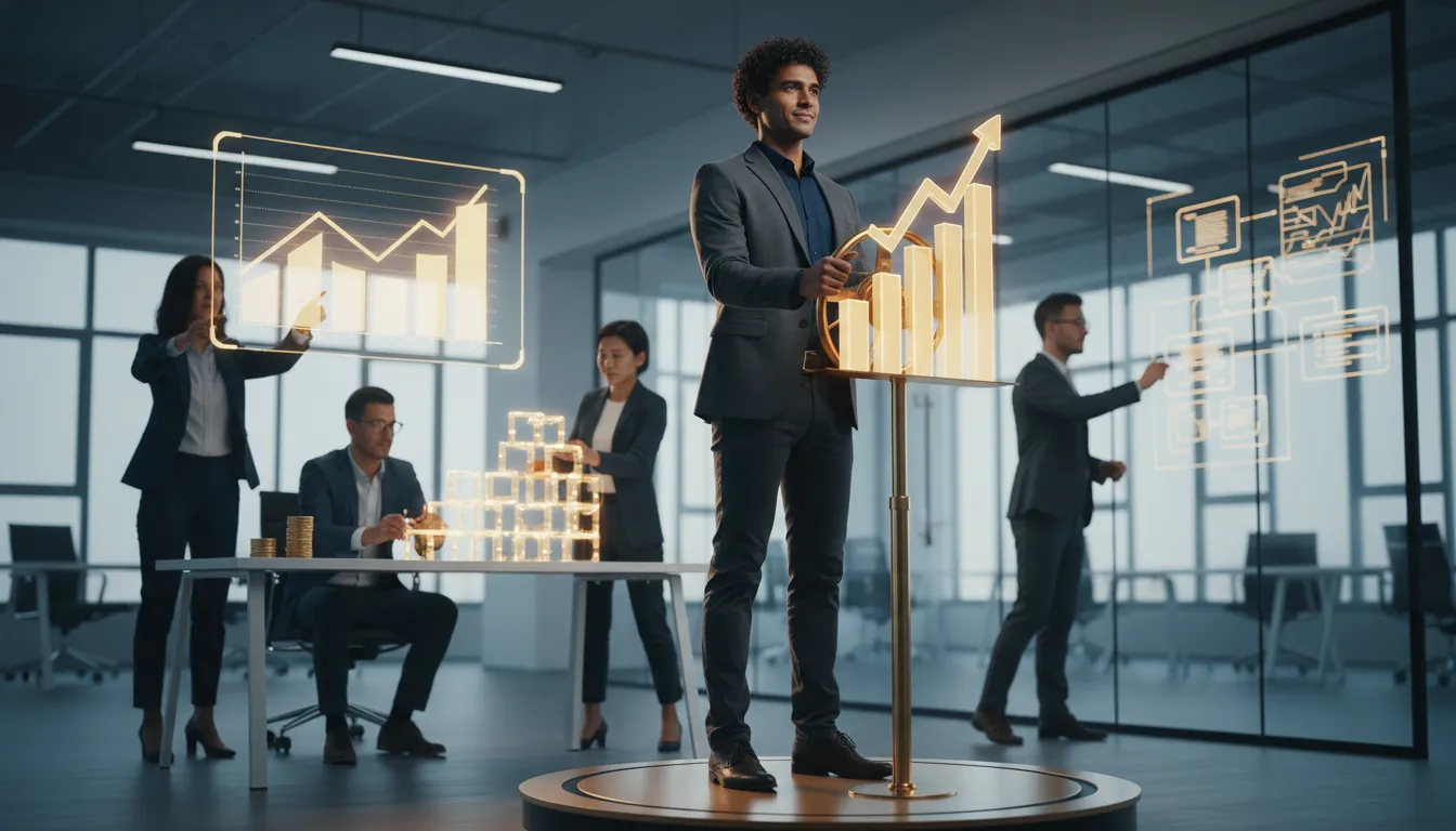 Entrepreneur standing before a team and rising growth chart, symbolizing ownership that lets high performers scale.