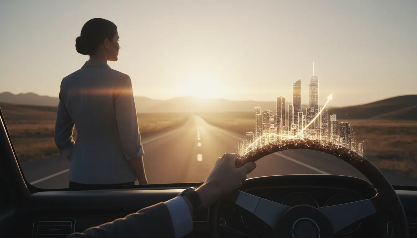 Person at sunset holding a steering wheel that transforms into a glowing city skyline and upward graph over a highway, symbolizing the shift from hustle to ownership.