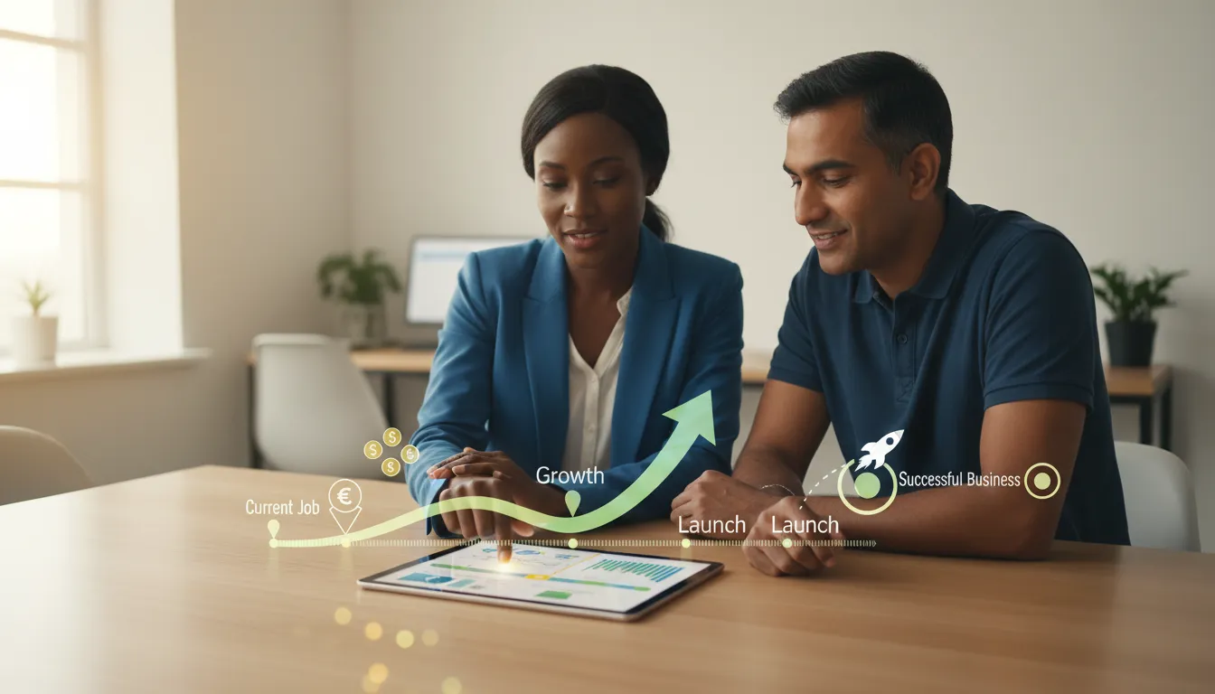 Business coach pointing at a roadmap on a laptop while guiding a professional client through milestones, funding options, and a timeline.