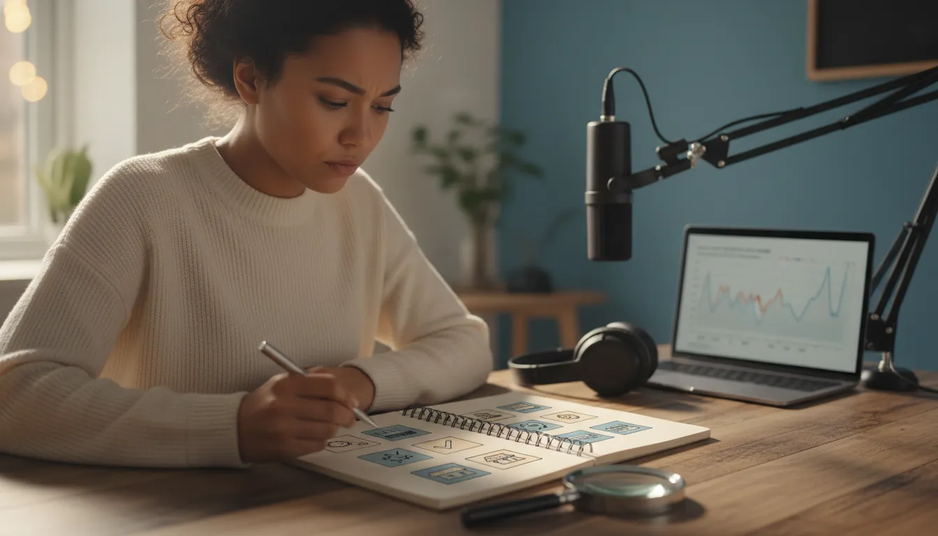 Entrepreneur at a desk drawing a buy-box with hand-drawn business icons while a magnifying glass highlights one box, symbolizing a focused search for business opportunities and investor financing.