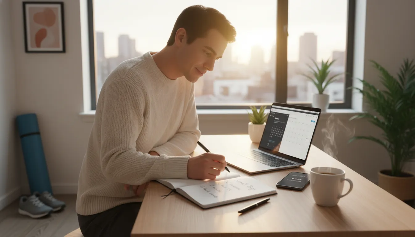 Sunlit morning desk with notebook titled 