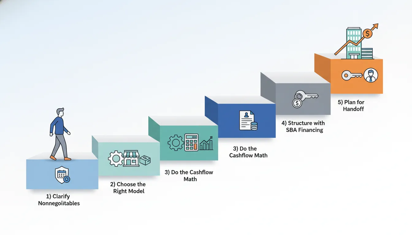 Vector infographic of a five-step roadmap showing a person moving from employee to business owner with icons for clarifying nonnegotiables, choosing a model, cashflow math, SBA financing, and planning a handoff.