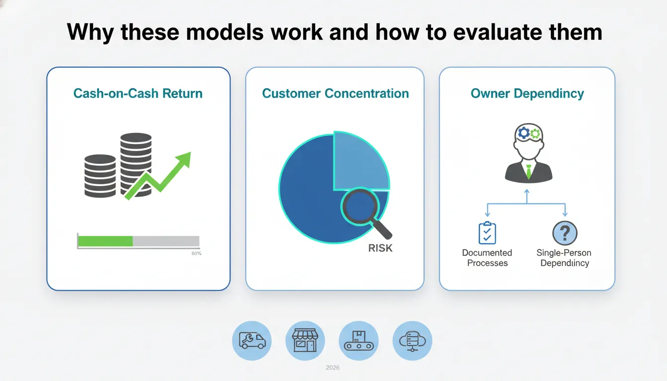 Infographic showing three evaluation metrics for business acquisitions — cash-on-cash return, customer concentration, and owner dependency — with charts and icons for service, franchise, manufacturing and digital models.