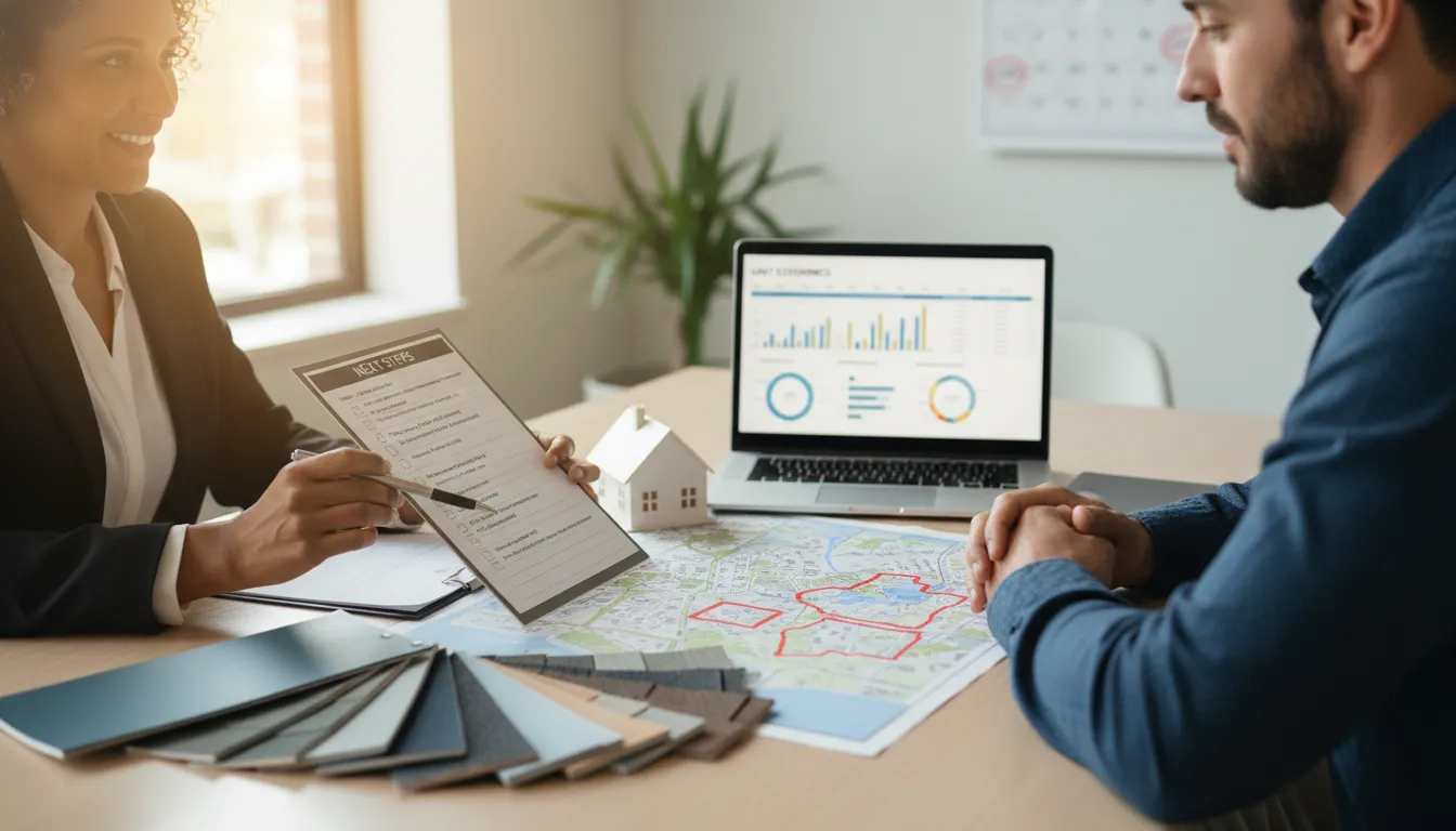 Business coach and entrepreneur reviewing a 'Next Steps' checklist, market map, and unit-economics charts for exterior remodeling.
