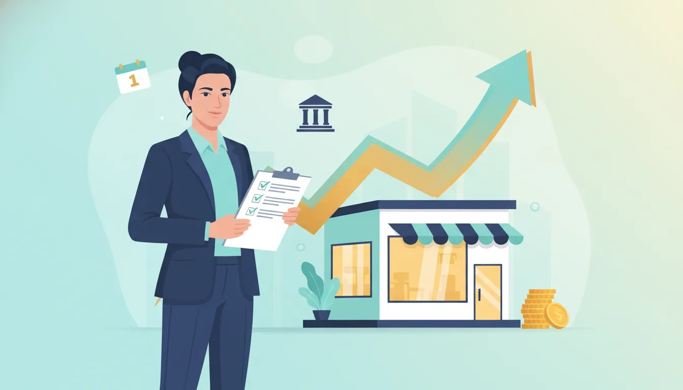 Professional reviewing a checklist with a small storefront and upward growth chart — final takeaways and next steps for acquiring a business and accelerating wealth