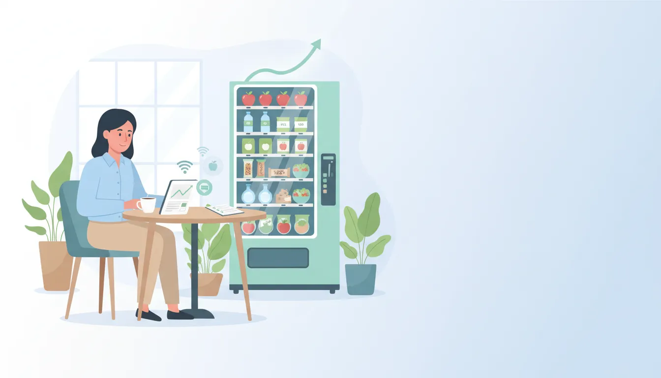 Entrepreneur reviewing a healthy-vending dashboard on a tablet with a stocked vending machine in the background, symbolizing passive income and systems thinking.
