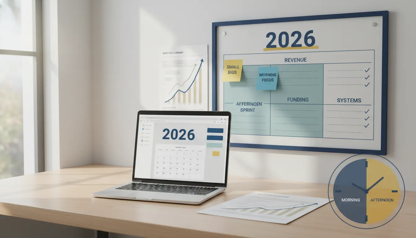 Workspace planning scene for 2026 with calendar, sticky notes labeled Revenue, Funding, Systems, and upward-trending charts illustrating focus areas