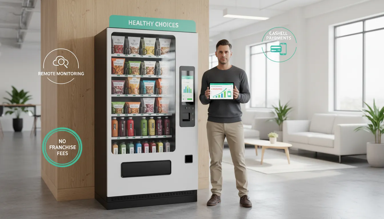 Sleek healthy vending machine in an office lobby with an entrepreneur holding a tablet dashboard and a