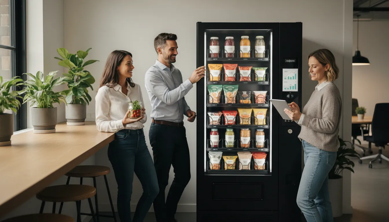 Office break area with a healthy vending machine; employees choose wholesome snacks while the owner checks sales on a tablet.