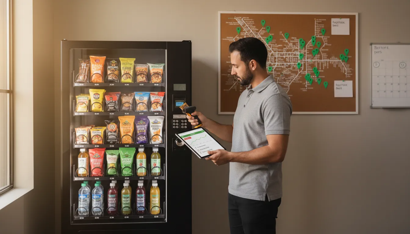 Technician checking healthy vending machine inventory with tablet dashboard, checklist, and route map