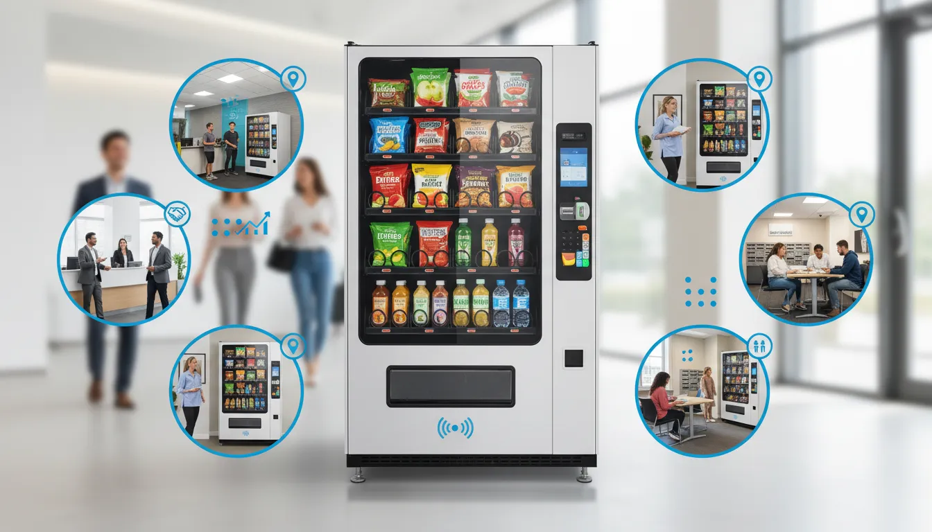 Modern healthy vending machine with vignettes of ideal locations—office lobby, gym, clinic, college dorm and residential lobby—showing placement strategy for maximum return.