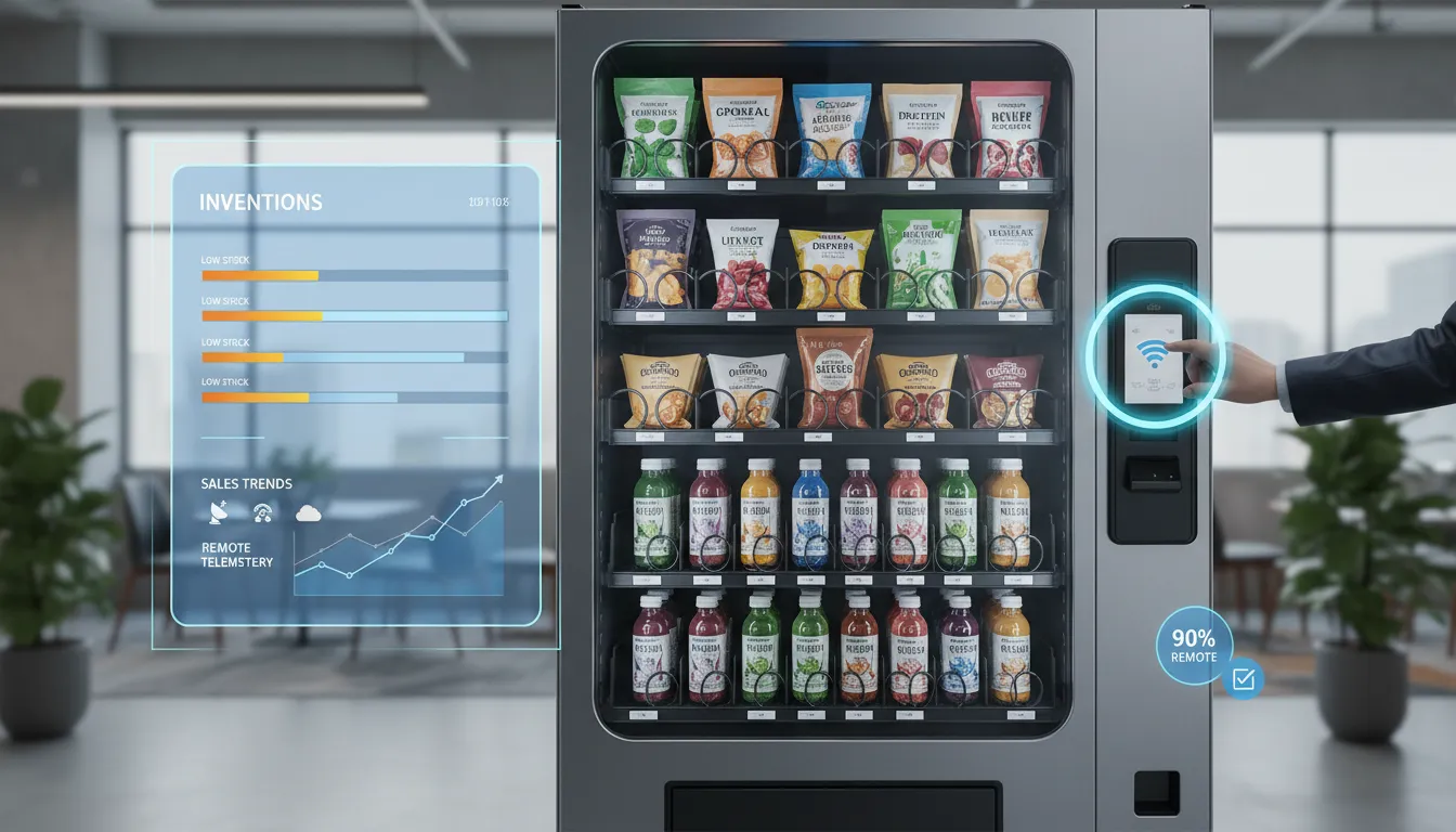 Modern healthy vending machine with cashless payment and a floating inventory dashboard showing remote monitoring and low-maintenance operations.
