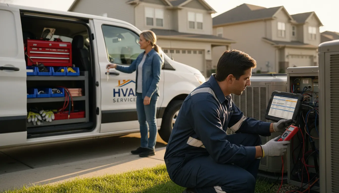 Two HVAC technicians by a service van inspecting an outdoor unit while reviewing a tablet with a service schedule and cash-flow chart.