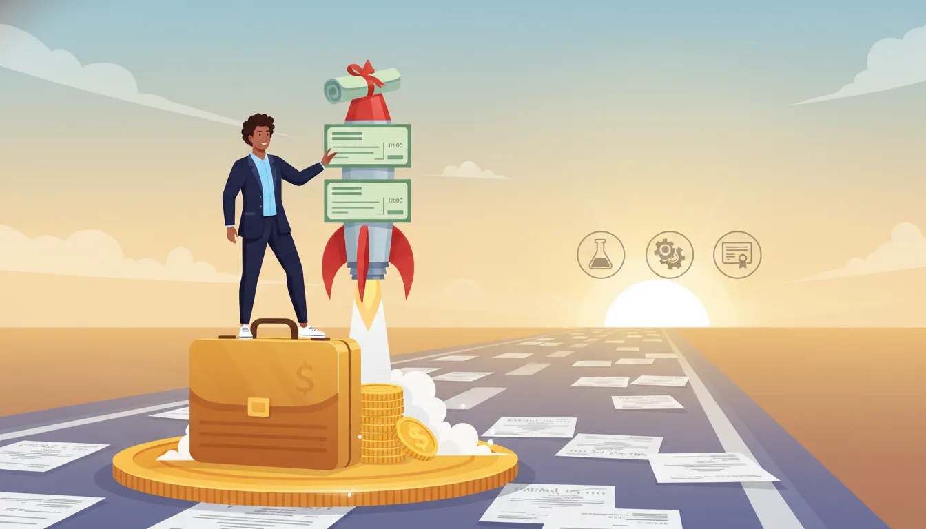 Business professional on a briefcase launchpad with a rocket made of paychecks and coins, runway of pay stubs toward a sunrise — symbolizing using your job to fund a business.