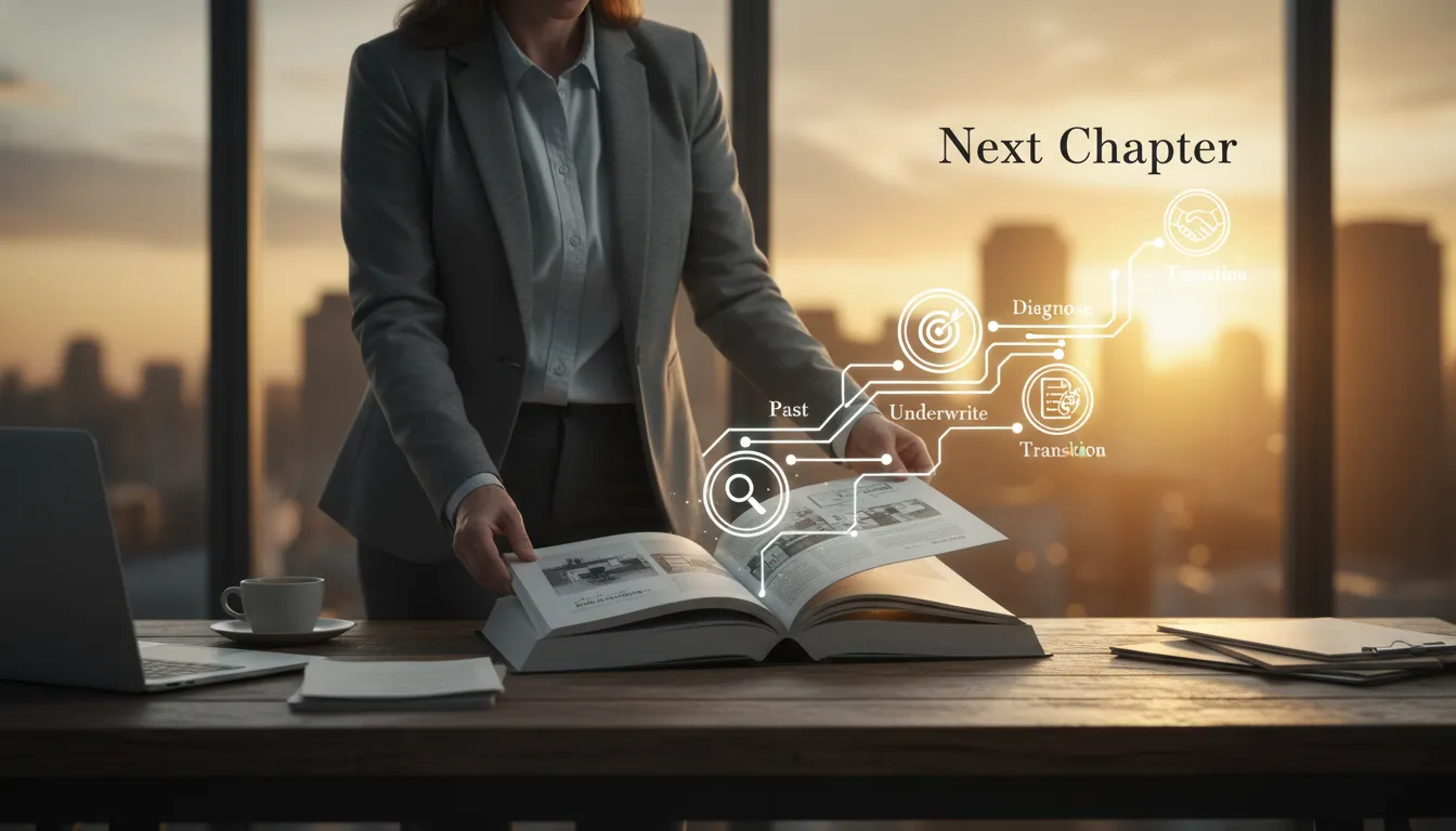 Person turning to a bright 'Next Chapter' roadmap in a book, symbolizing an intentional transition to business ownership.