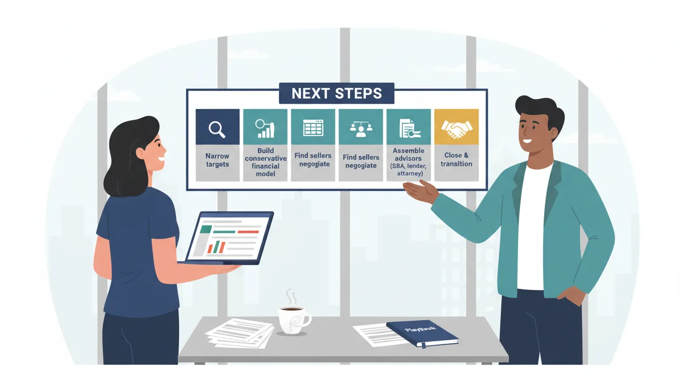 Illustration of a coach guiding an aspiring buyer through a five-step roadmap: narrow targets, build financial model, find sellers, assemble advisors, and close the deal.