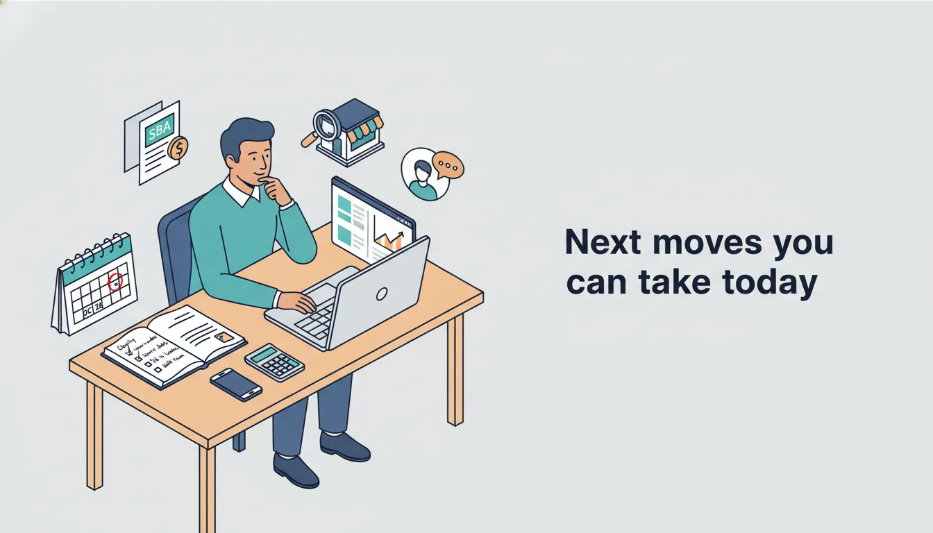 Illustration of a professional at a desk with a checklist, laptop showing business listings and cashflow chart, calendar and phone — visualizing practical next steps to buy a business and replace a salary.