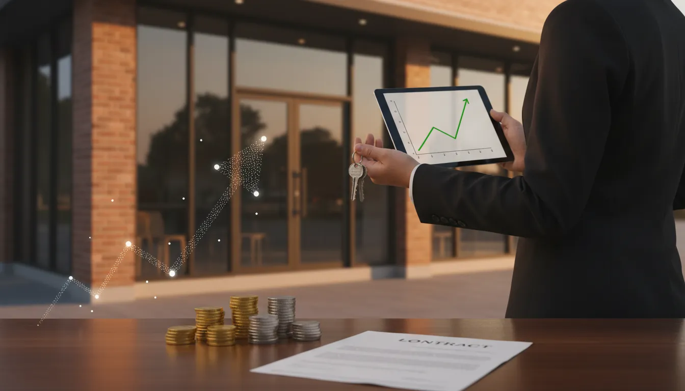 Small business owner with keys and tablet showing an upward revenue graph, stacks of coins in foreground symbolizing accelerated wealth.