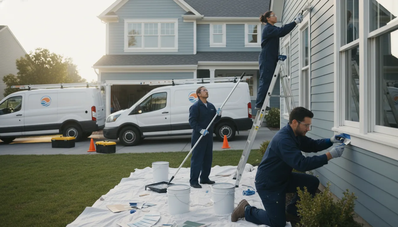 Professional painting company crew painting a suburban house exterior with service vans in the driveway