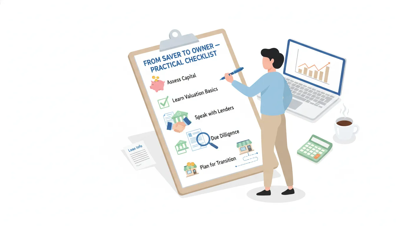 Flat illustration of a clipboard checklist titled 'From Saver to Owner' on a desk with icons for capital, valuation, lenders, due diligence, and transition, and a person checking boxes to show steps toward buying a business.