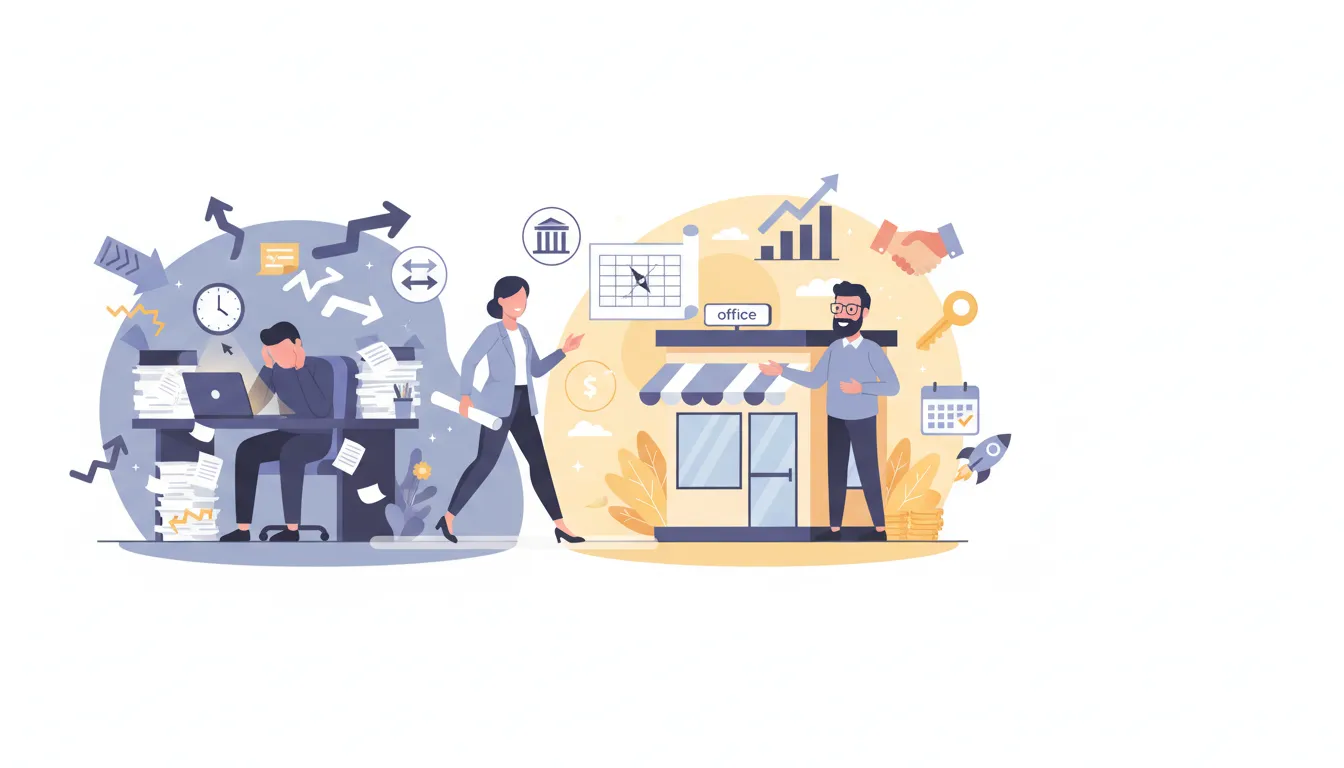Vector illustration of a person stepping from a chaotic hustle scene into a calm ownership scene with checklist, blueprint, mentor, and rising graph