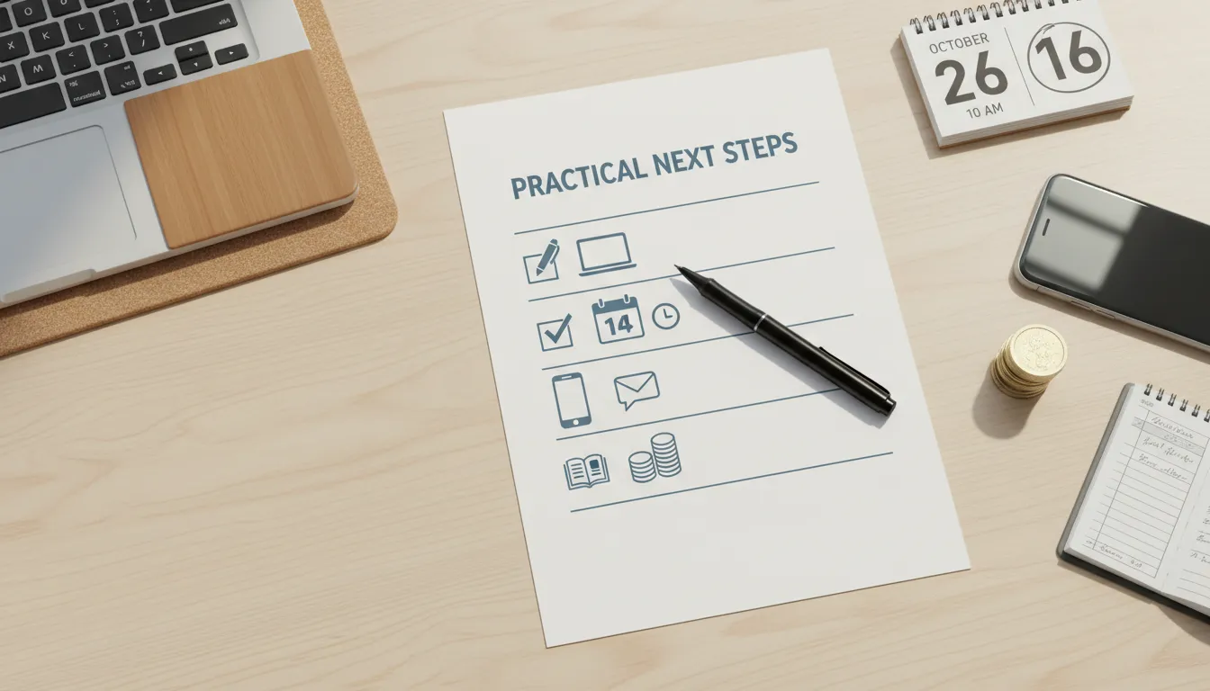 Top-down view of a clean workspace with a checklist, calendar, laptop and pen illustrating practical next steps to start a business