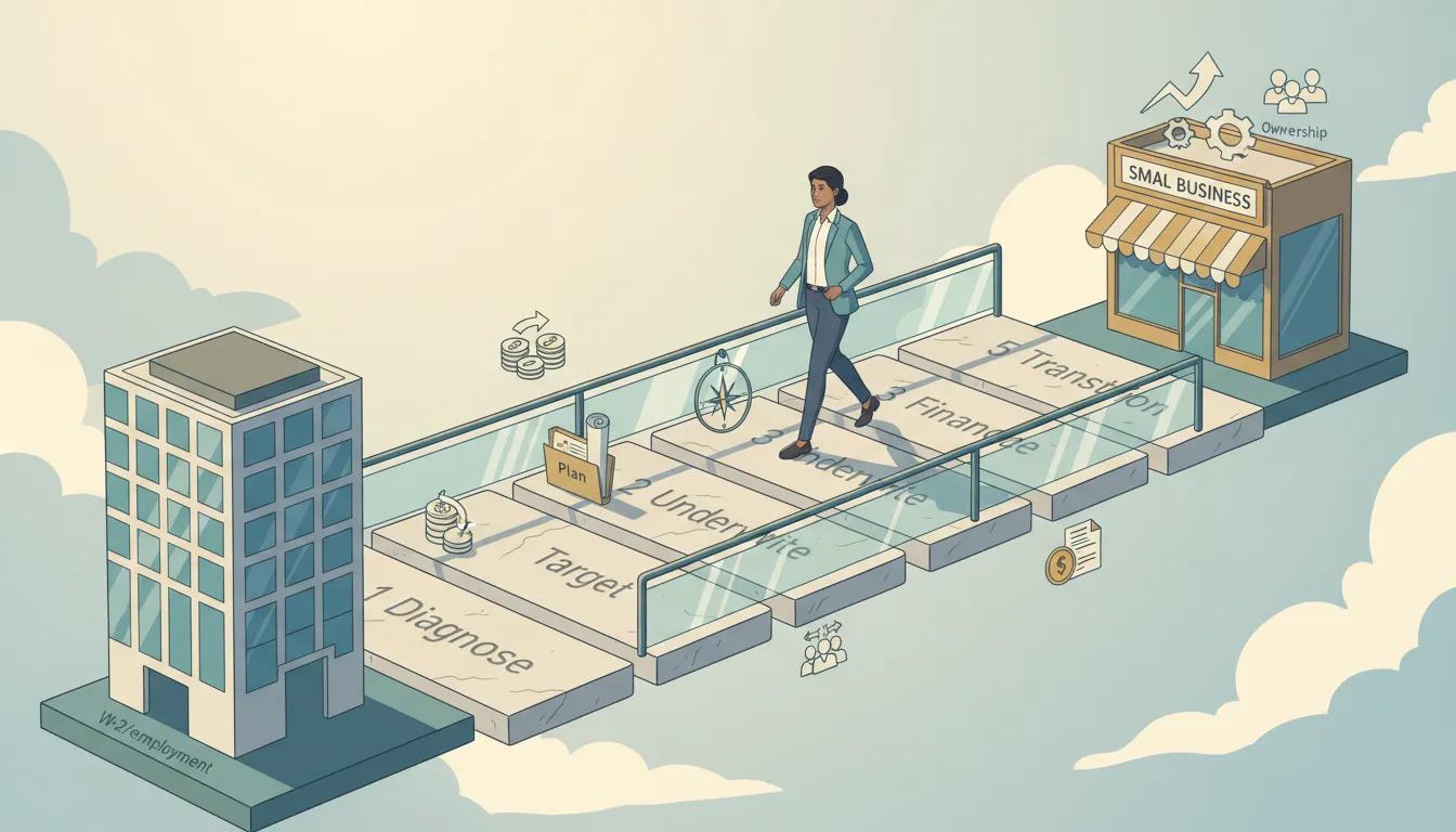 Illustration of a professional crossing a labeled roadmap bridge with steps Diagnose, Target, Underwrite, Finance, Transition toward business ownership