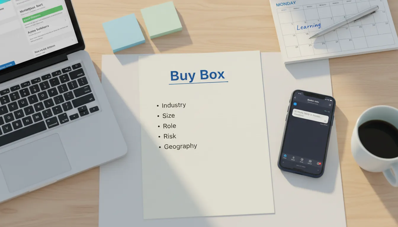 Top-down photo of a workspace with a printed 'Buy Box' checklist, laptop showing marketplace alerts, phone messaging a broker, weekly calendar blocked for 3 hours of learning, pen and coffee — practical steps to build deal flow.