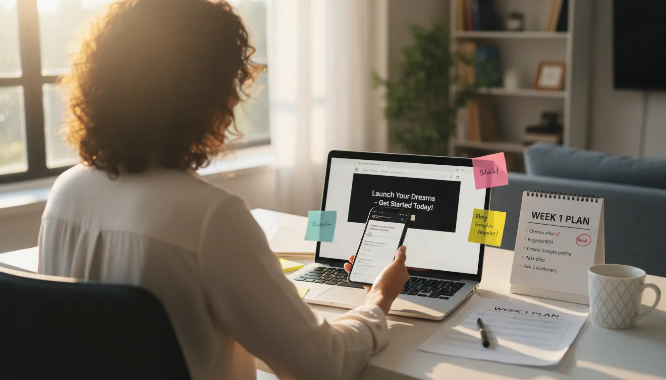 Over-the-shoulder view of an entrepreneur at a desk with a 'Week 1' checklist, laptop showing a one-page offer, and phone displaying a Google Business profile.