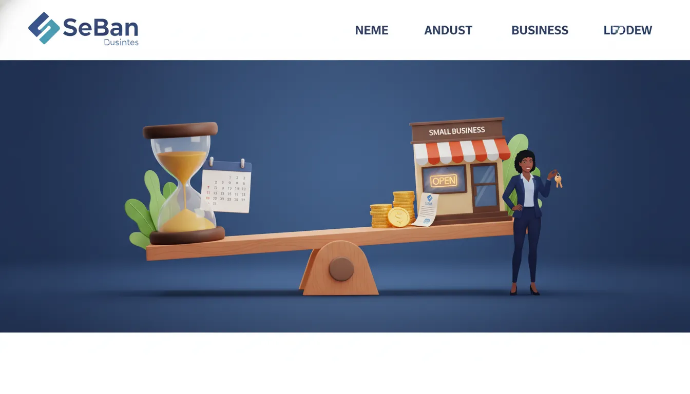 Lever balancing an hourglass and a small storefront with coins, symbolizing time, leverage, and ownership