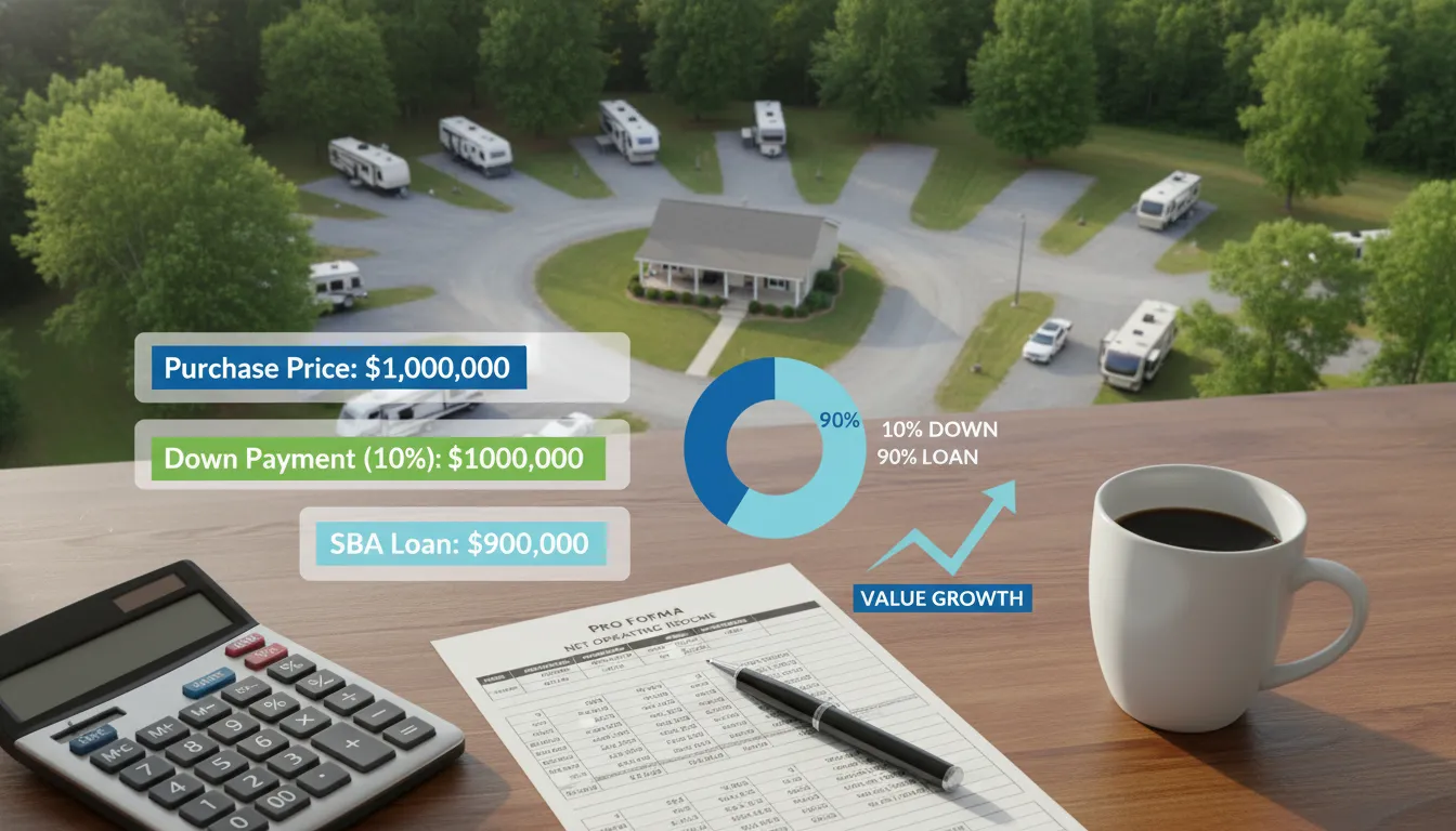 Infographic-style photo of an RV park with a desk, calculator and spreadsheet in the foreground and overlay cards showing purchase price $1,000,000, down payment $100,000 (10%), and SBA loan $900,000.