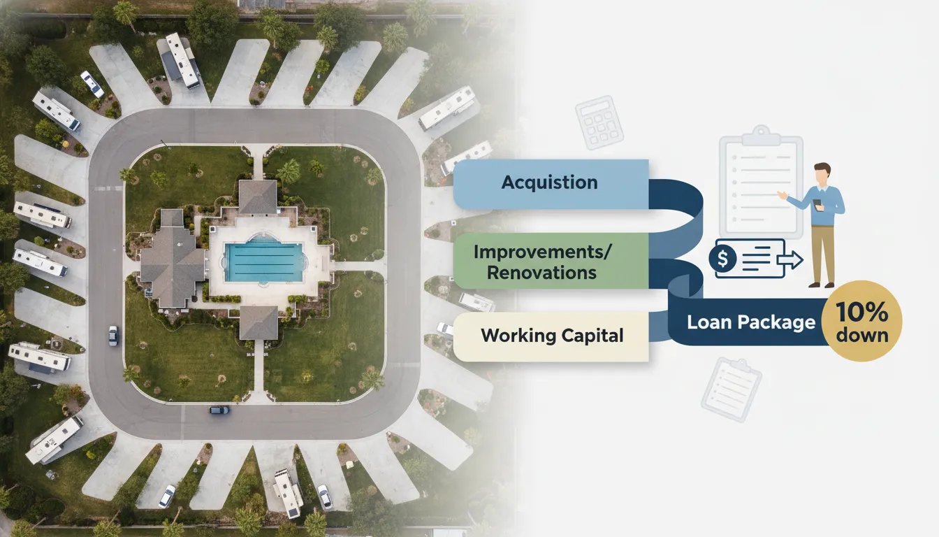 Aerial view of an RV park with infographic overlays showing Acquisition, Improvements, and Working Capital bundled into a single loan package with a highlighted 10% down callout.