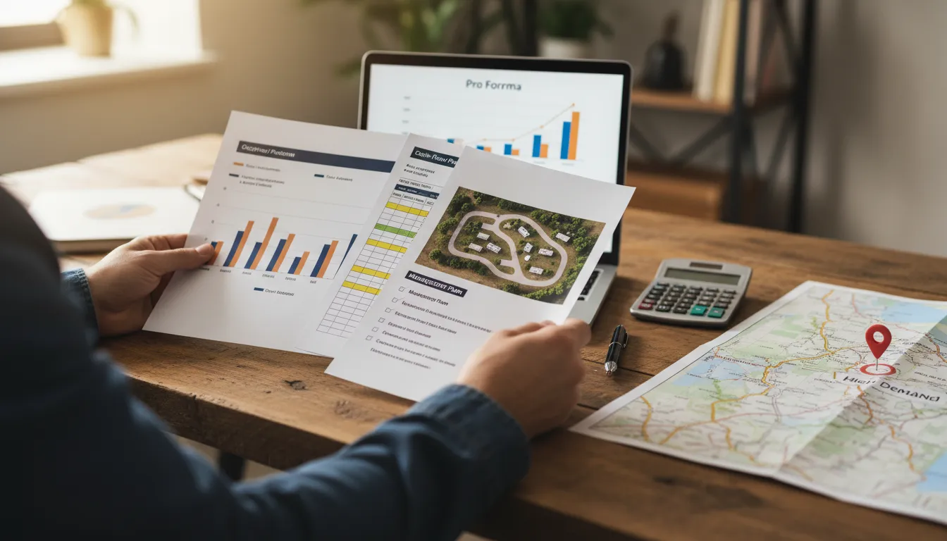 Lender reviewing RV park loan documents — occupancy charts, pro forma spreadsheet, market map and RV park aerial photo.