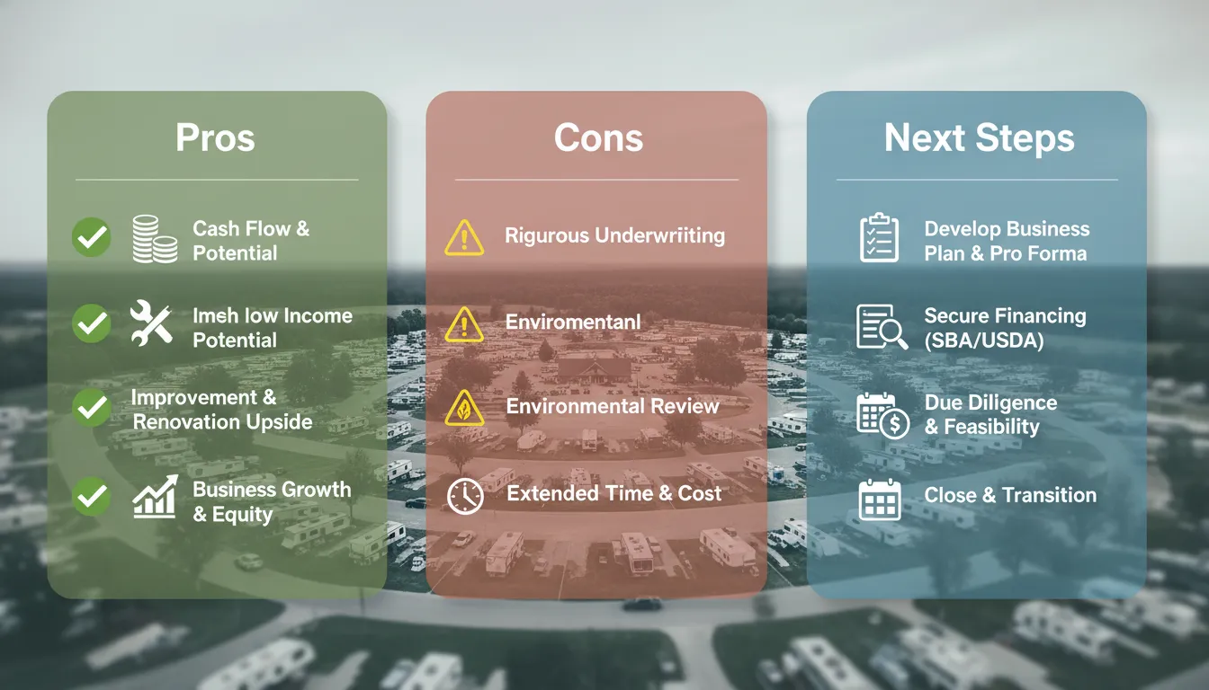 Infographic banner showing pros, cons, and practical next steps for buying an RV park with SBA/USDA-style financing