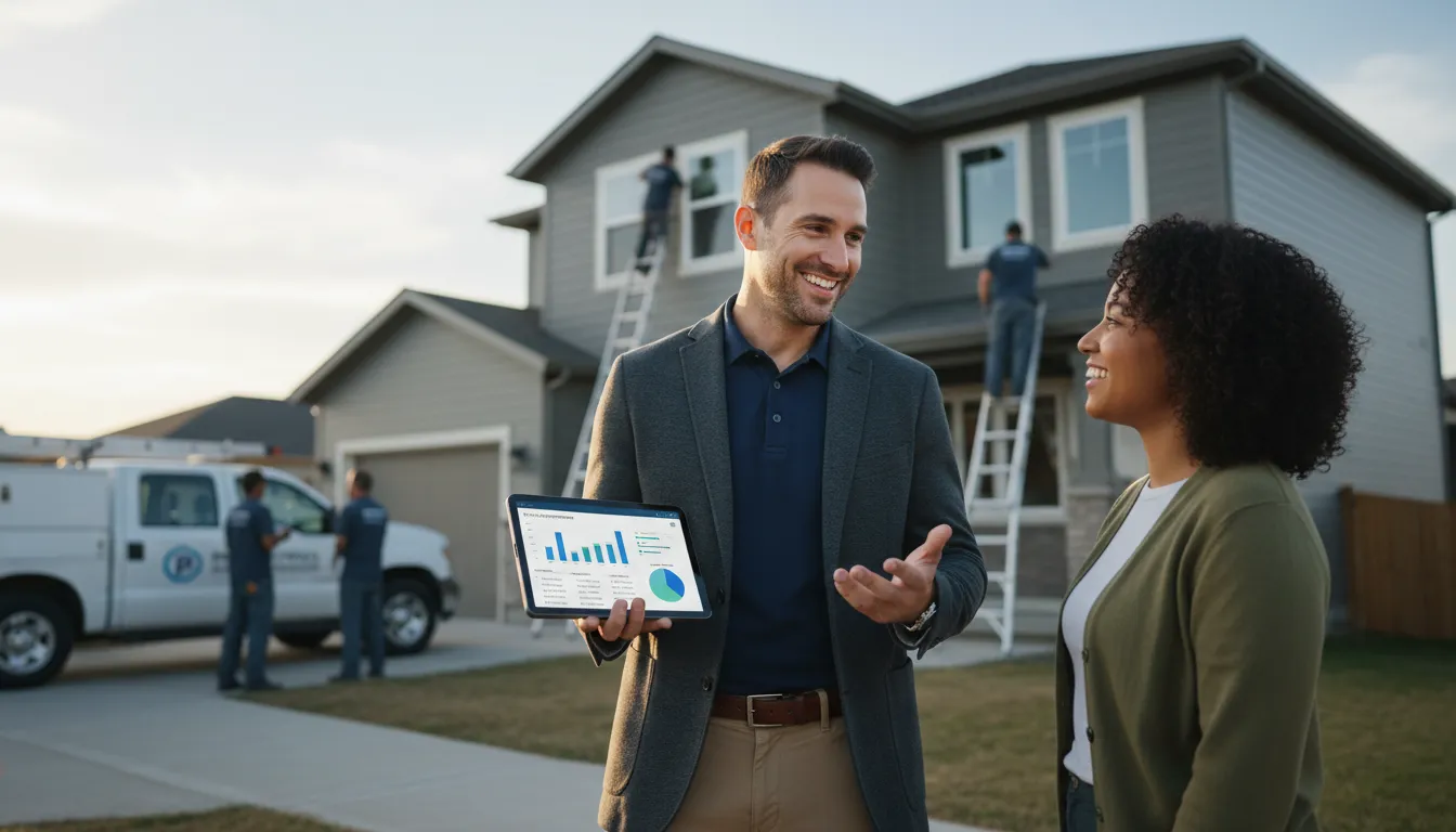 Business owner using a tablet with sales dashboard while remodeling crew installs windows on a suburban house in the background