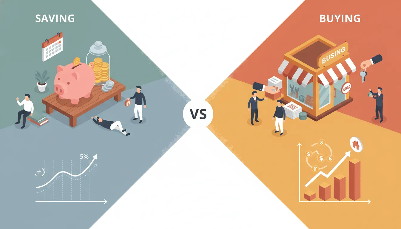 Split infographic comparing saving $2,000/month over 25 years (piggy bank, slow growth) versus buying a profitable business with SBA-style financing (storefront, keys, faster equity growth).