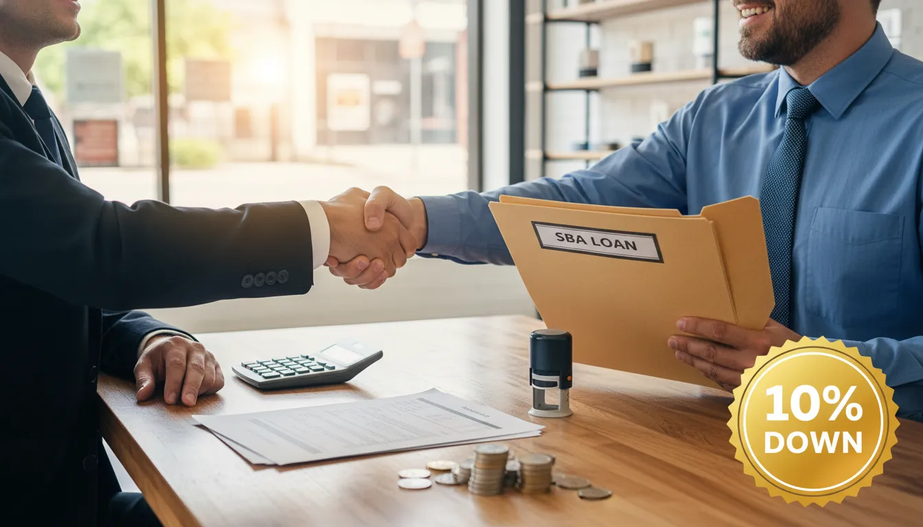 Entrepreneur shaking hands with banker in a storefront, SBA loan documents on table and a 10% down badge
